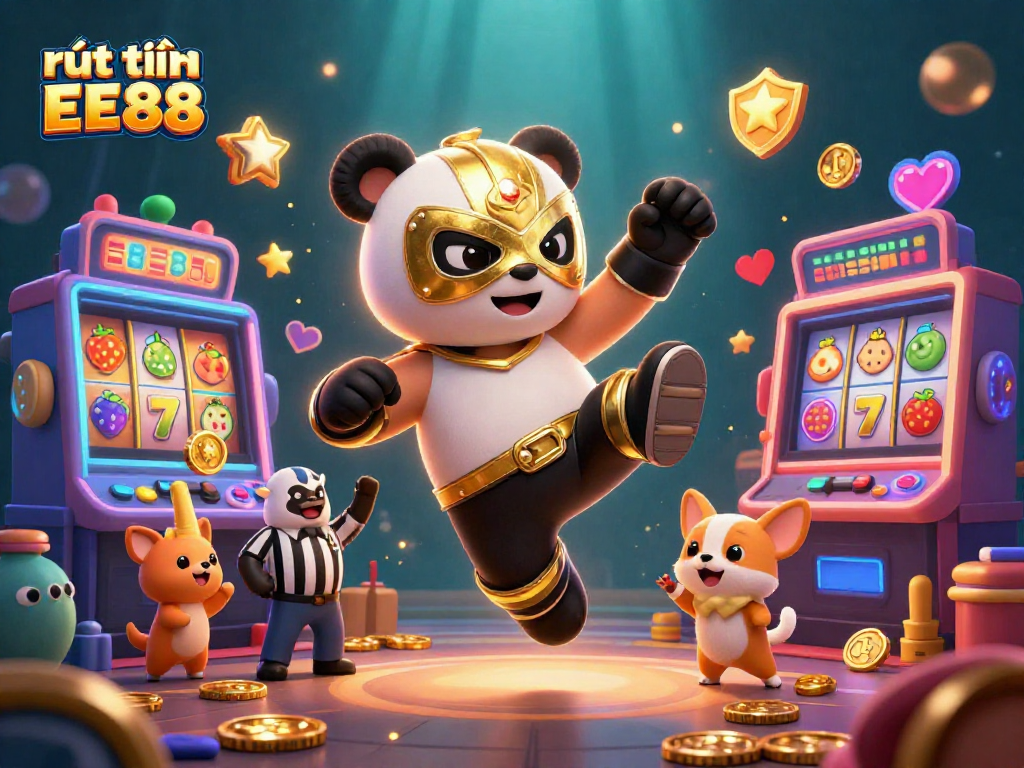 Engage with rút tiền EE88 as a panda wrestler executes a kick amidst a vibrant casino theme.