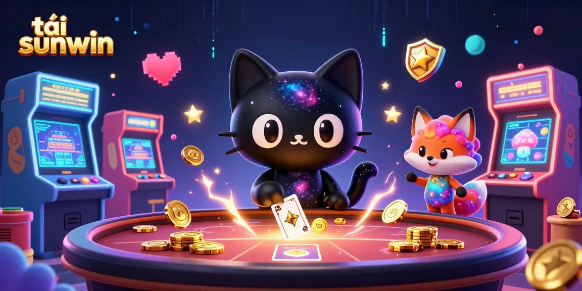 Engage in exciting gameplay at tải sunwin casino with a cat and fox duo amid vibrant arcade games.