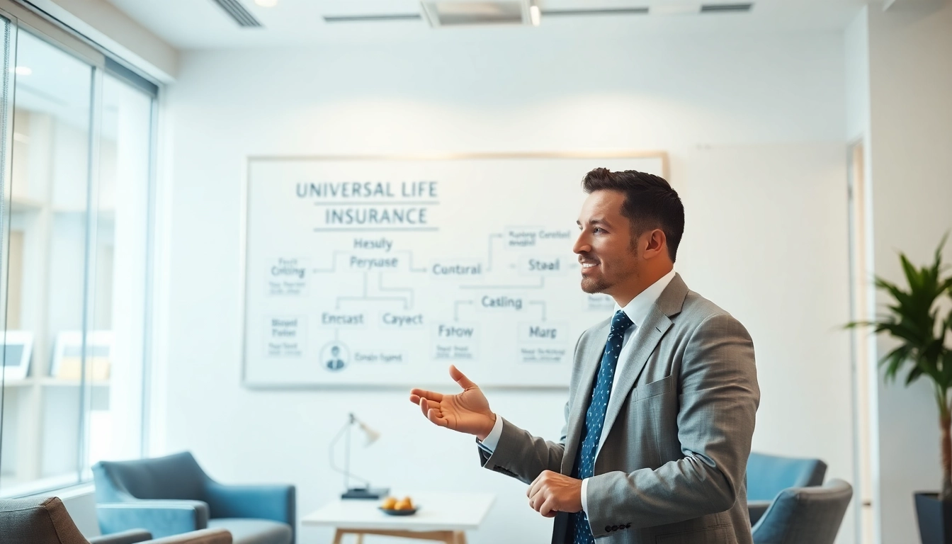 Professional explanation of universal life insurance explained with clear visuals in a modern office.