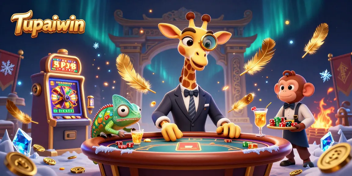 Tupaiwin shows a dynamic scene with a high-roller giraffe at a VIP table, highlighting slot game excitement.