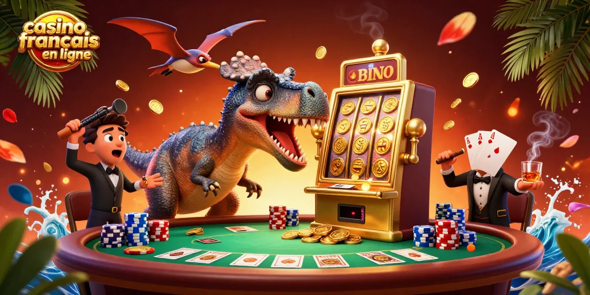Visualisez une scène animée avec un casino francais en ligne où un pachycéphalosaure fait payer une machine à sous en or, entouré d'éléments de jeu dynamiques.