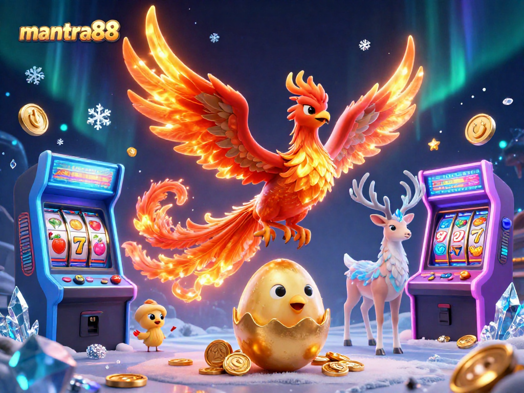 Experience thrilling moments with mantra88's vibrant gaming world featuring a phoenix and arcade elements.
