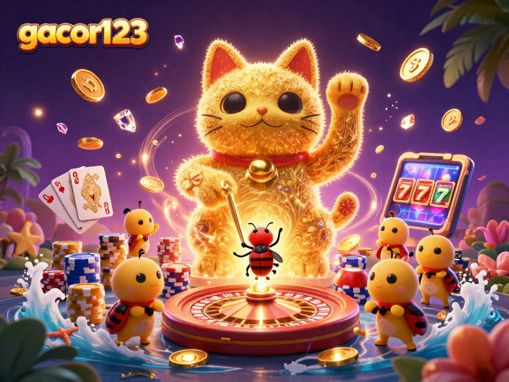 Experience the excitement of gacor123 with a lucky cat and vibrant casino symbols in action.