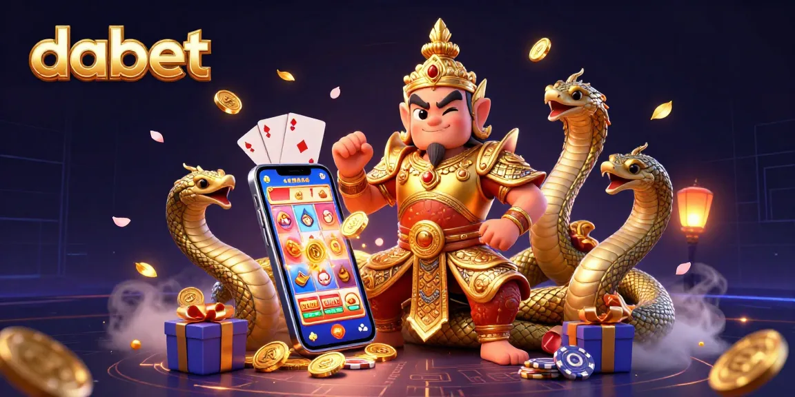 Dabet showcases epic gaming chaos with a guardian, golden coins, and vibrant slots in a captivating scene.