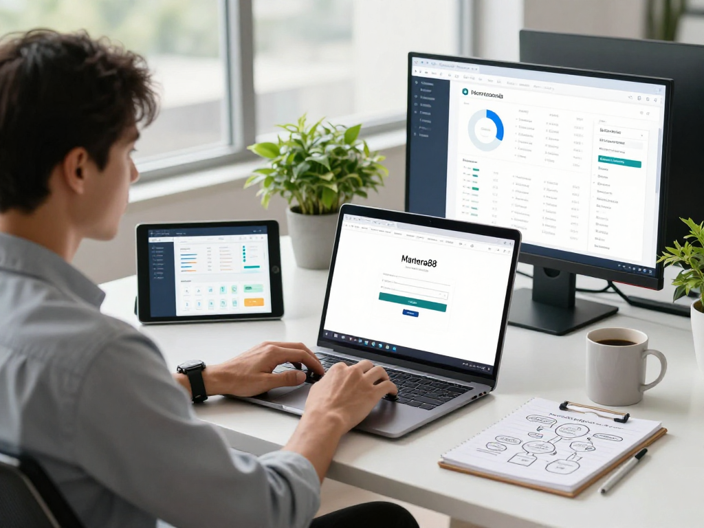 Professional workspace showcasing mantra88 login on laptop for software access.