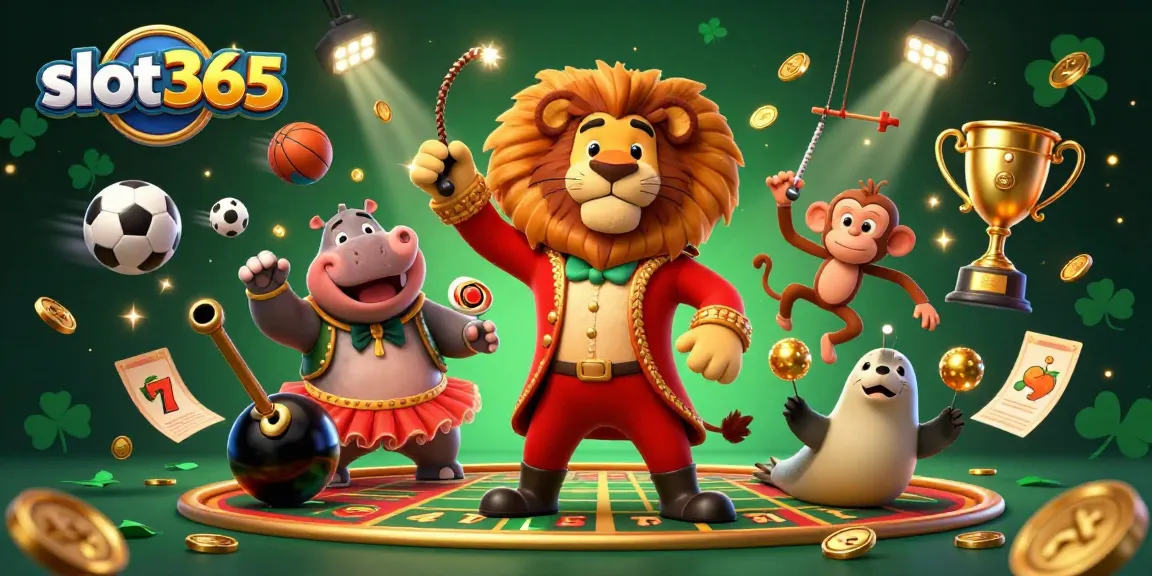 Experience thrilling moments with slot365 in a vibrant, playful 3D casino scene featuring lively characters.