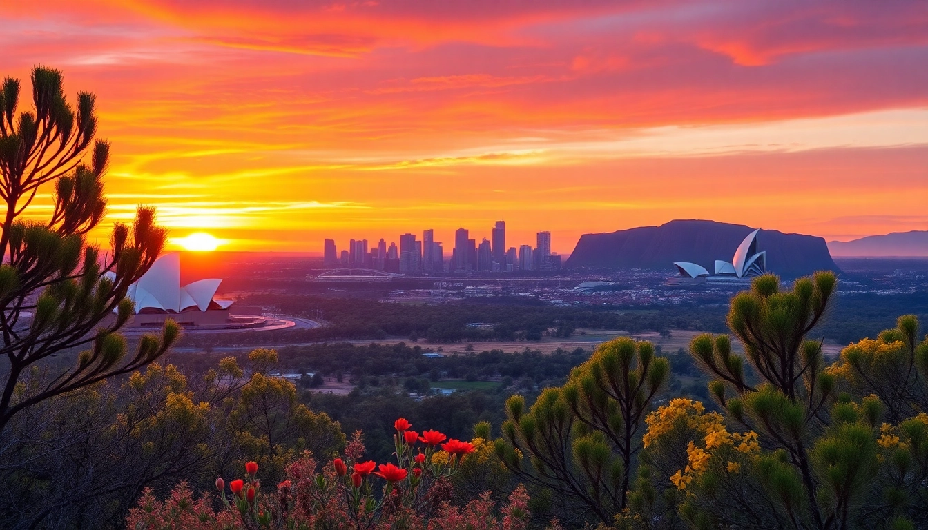 Experience the vibrant landscape of Australia with iconic landmarks at sunset.