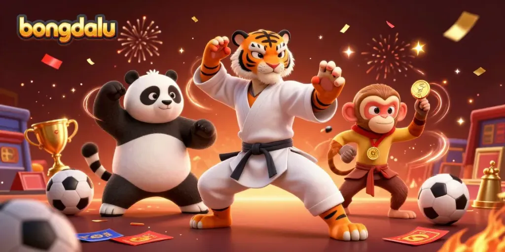 Bongdalu enhances your betting experience with an engaging 3D illustration of a tiger master, panda, and monkey celebrating gambling.