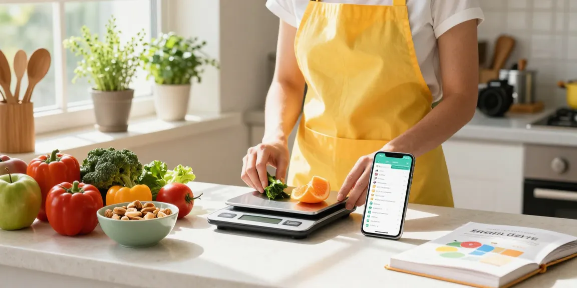 The best nutrition app displayed on a smartphone in a vibrant kitchen while preparing healthy meals with fresh ingredients.