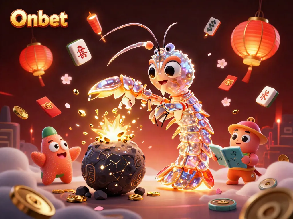 Onbet's vibrant digital illustration showcases a samurai mantis shrimp amidst dazzling casino elements, enhancing gaming excitement.