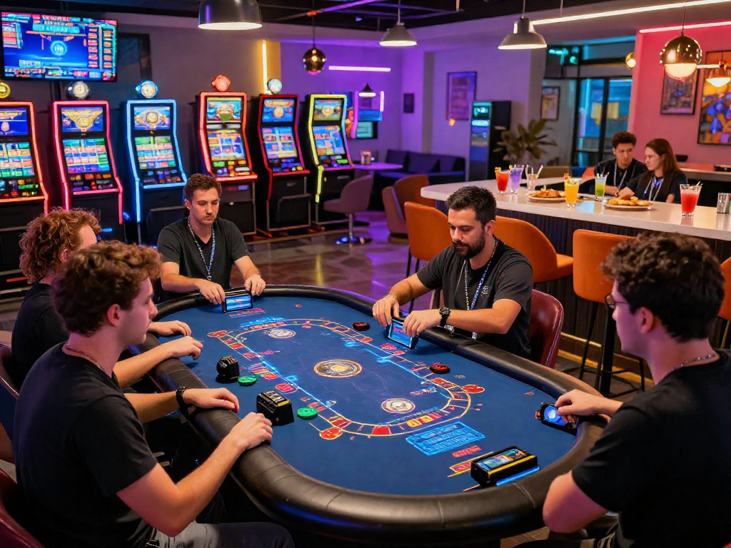 Exciting crypto casino gaming scene with players at digital tables and neon ambiance.