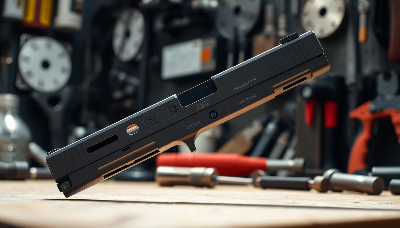 Showcasing the glock 17 gen 5 slide with intricate details in a customized workshop setting.