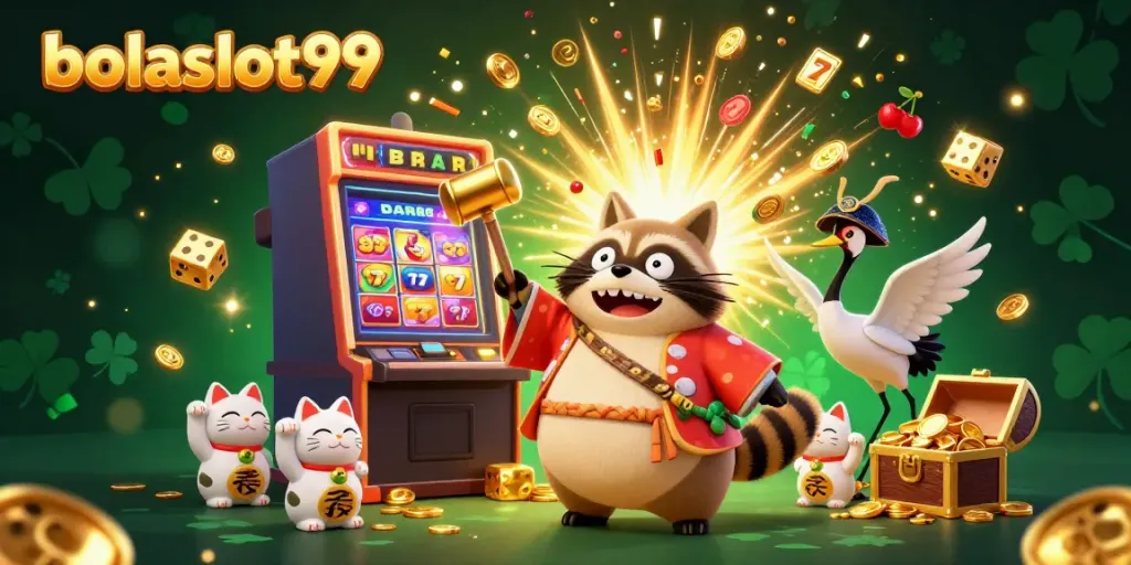 Experience thrilling wins with bolaslot99 featuring a cheerful tanuki and a vibrant casino scene full of exciting elements.