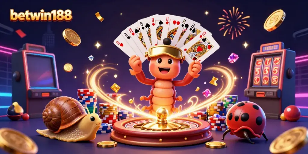 Betwin188 menawarkan dealer dan permainan menarik dalam ilustrasi kasino 3D ceria.