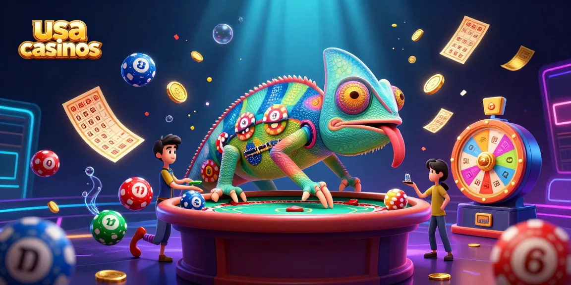 Experience vibrant usa casinos with a chameleon owner amidst colorful lottery elements and money rain.