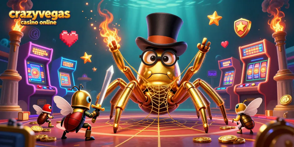 Experience excitement at crazyvegas casino online with a golden tarantula weaving winning webs among vibrant casino elements.