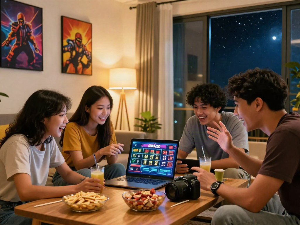 Friends enjoying bandar ze togel online together in a cozy living room setting