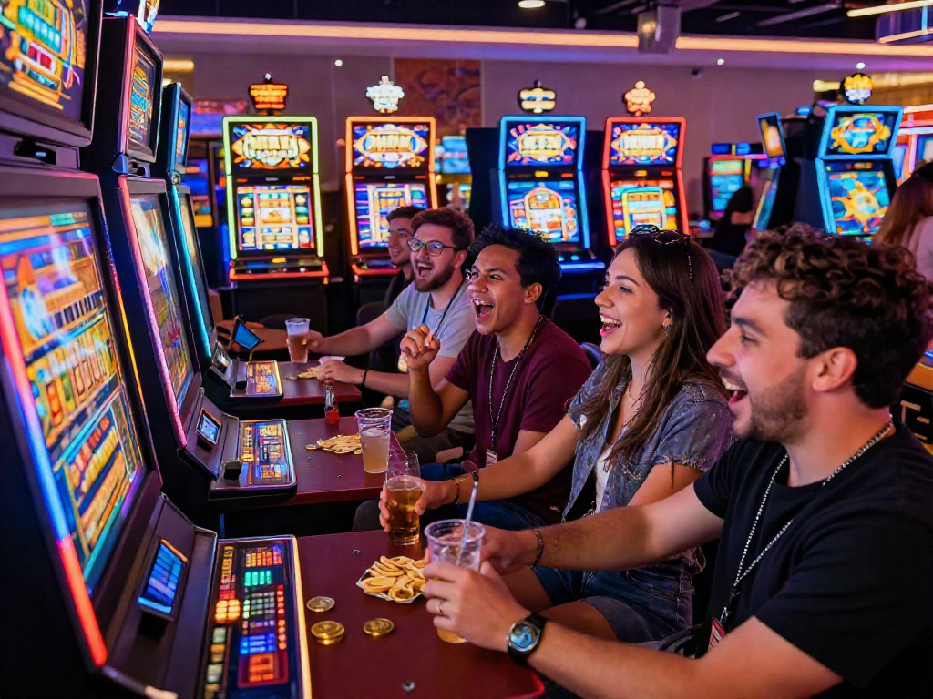 situs judi slot online players enjoying a vibrant casino atmosphere, cheering around a slot machine.