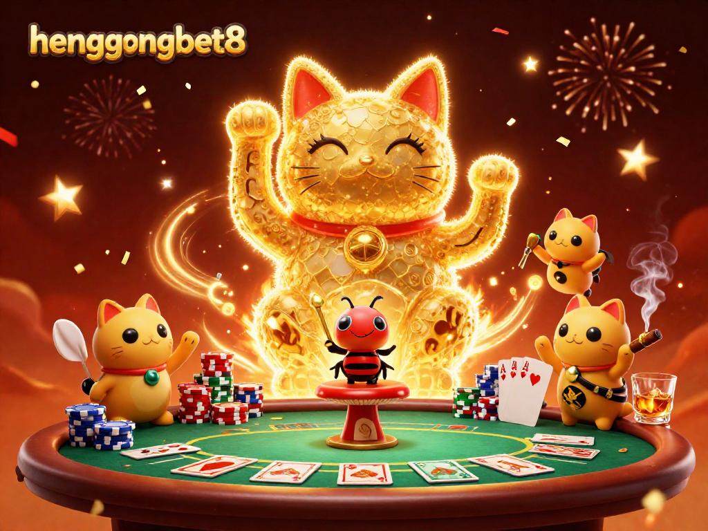 Experience exciting gameplay at hengongbet8 with vibrant poker elements and the lucky cat illustration.