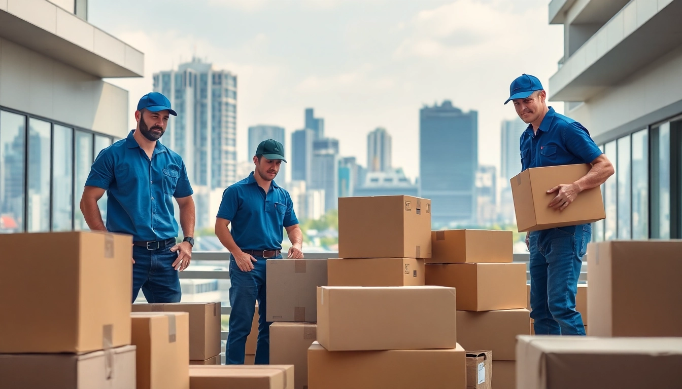 Efficient movers at WRITER RELOCATION THANE organizing boxes in a bustling urban backdrop.