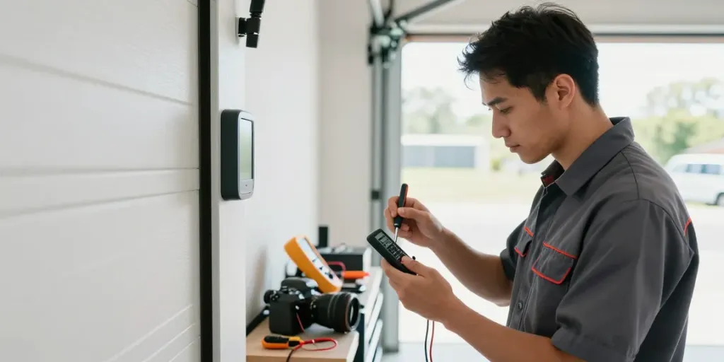 Garage door remote replacement being performed by a technician in a professional garage.