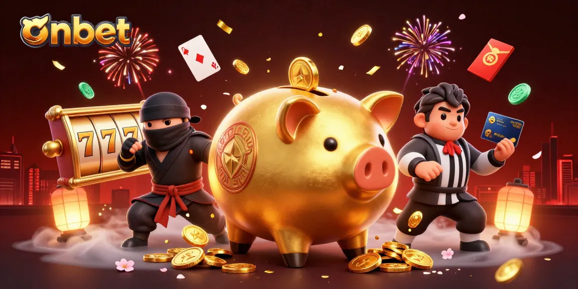 Experience exciting casino fun at onbet with characters and slot elements in a vibrant setting.