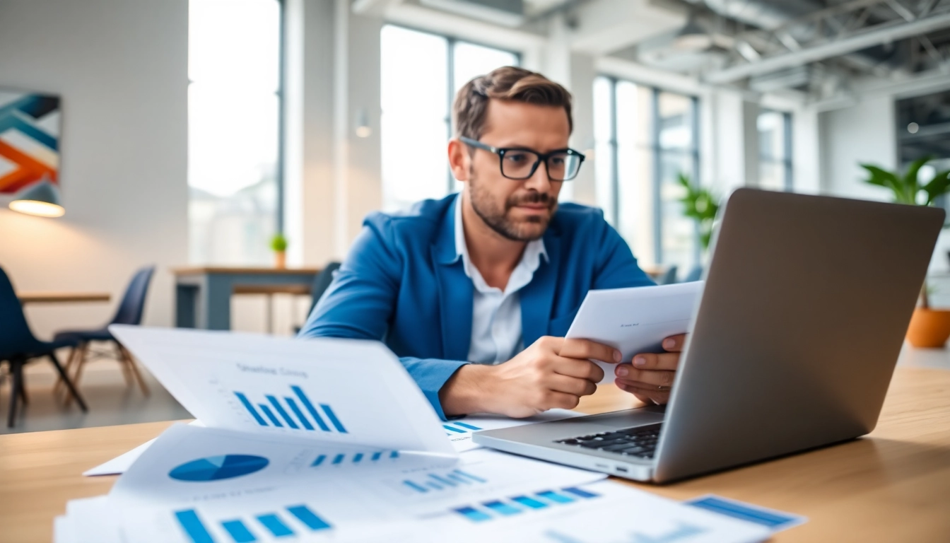 Marketing director analyzing strategy in a bright office setting with data charts.