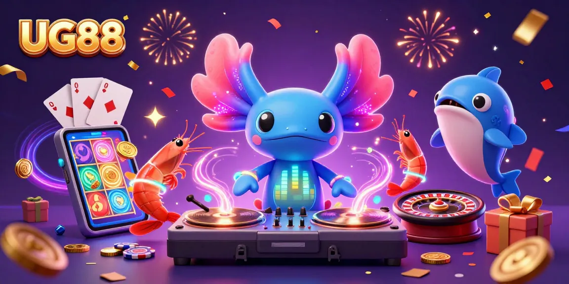 Engage in exciting gameplay with UG88's vibrant 3D casino illustration showcasing thrilling slot games.