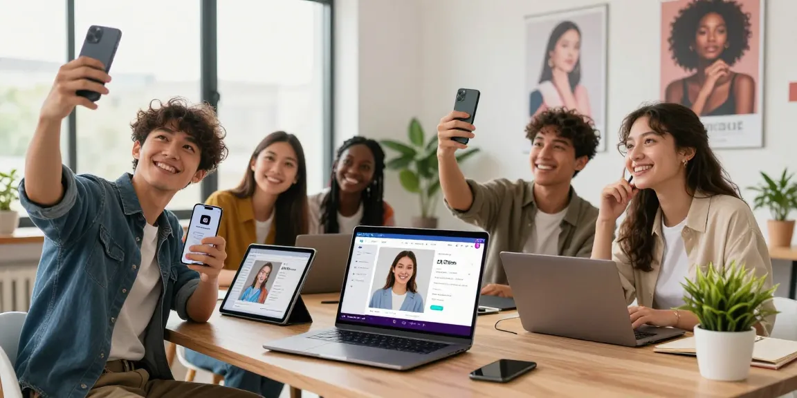 The attractive test interface observed by diverse young adults taking selfies and engaging with AI technology in a modern workspace.