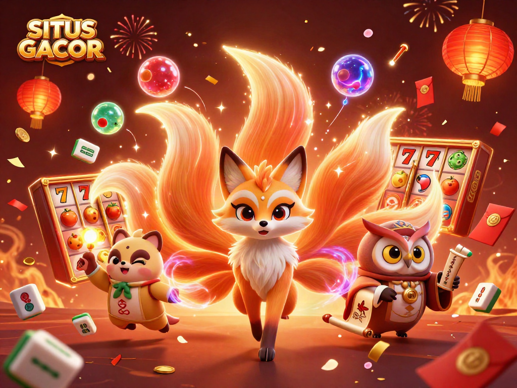 SITUS GACOR showcases vibrant casino elements around a magical fox spirit and owl sage in a festive setting.