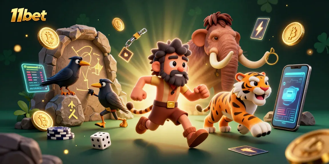 Win big with 11bet in a colorful, prehistoric casino filled with crypto coins and game action.