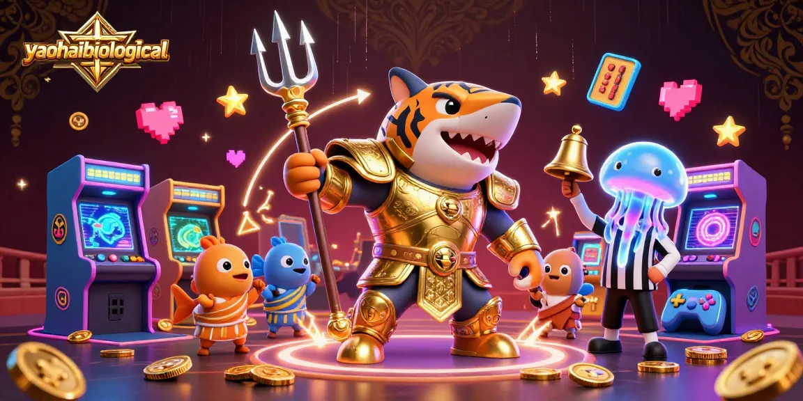 Engage with yaohaibiological in a colorful 3D casino scene featuring a powerful tiger shark and arcade elements.