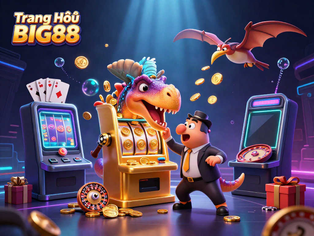 Experience exciting wins with Trang Chủ BIG88 as a pachycephalosaurus engages a slot machine for jackpot coins in a vibrant 3D casino scene.