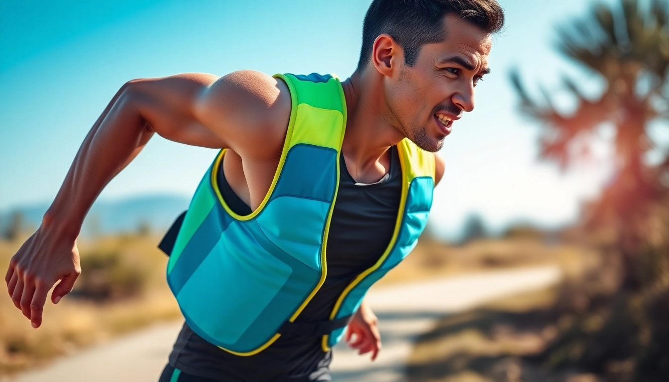 Active athlete showcasing hydration vests in a vibrant outdoor setting.