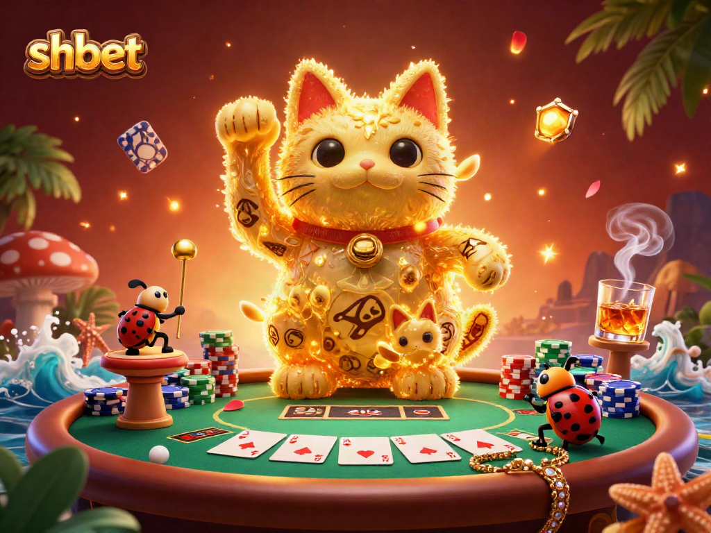 Experience the lively shbet world with a lucky cat and poker elements in this vibrant casino scene.