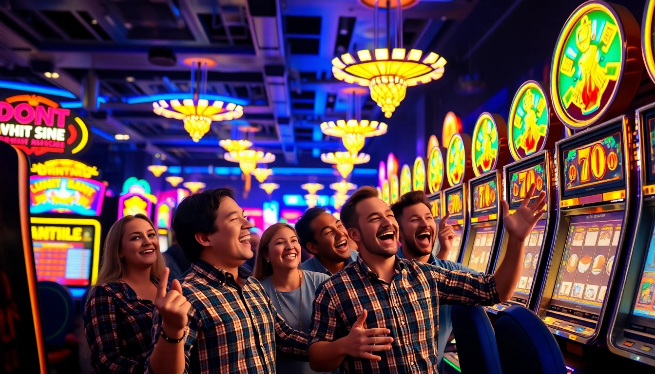 Bermain di situs slot resmi yang penuh warna dan keseruan, menampilkan para pemain yang merayakan kemenangan.