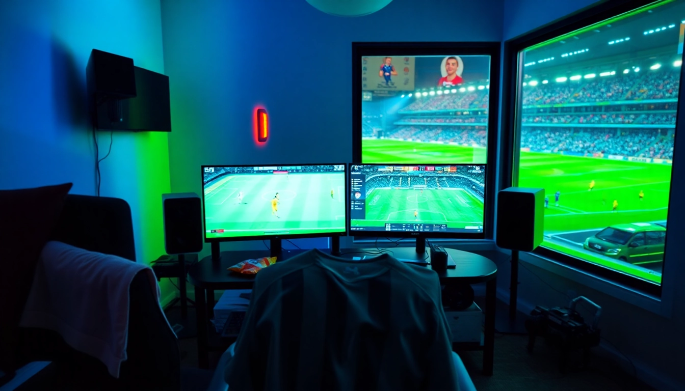 Mengakses bolakami dengan perangkat streaming sepak bola di ruang modern penuh energi.