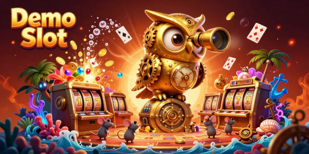Experience the excitement of Demo Slot action with a vibrant 3D casino scene featuring golden owls and swirling coins.