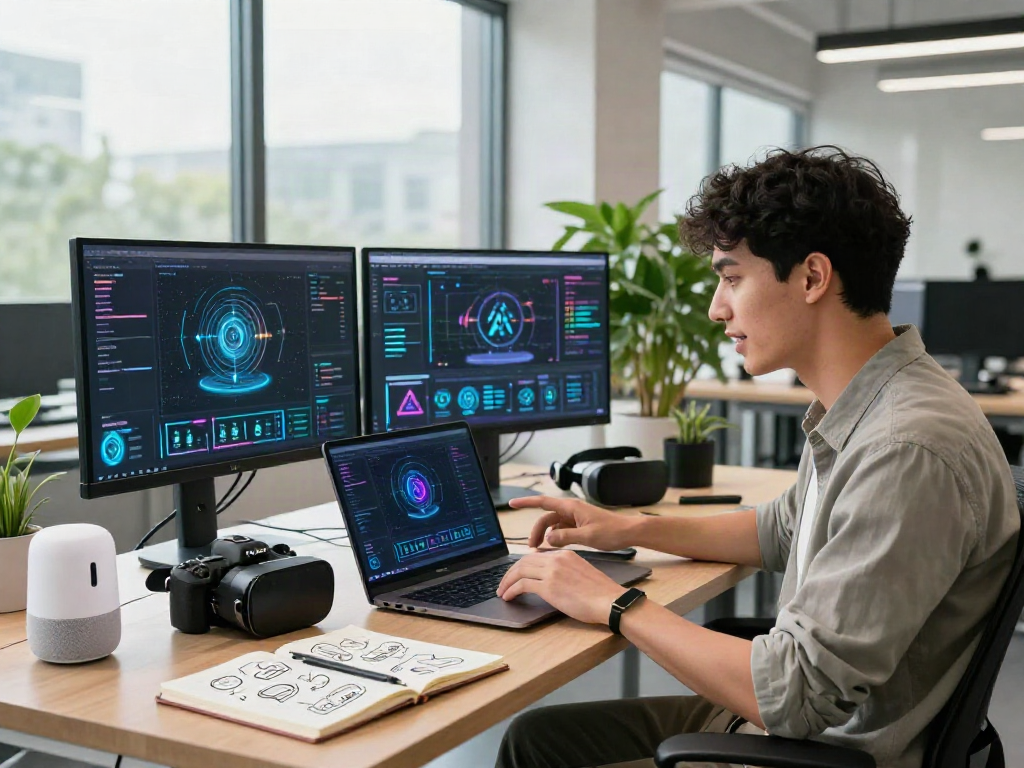 Young professional using AI software in a modern workspace, demonstrating a crush on technology and innovation.
