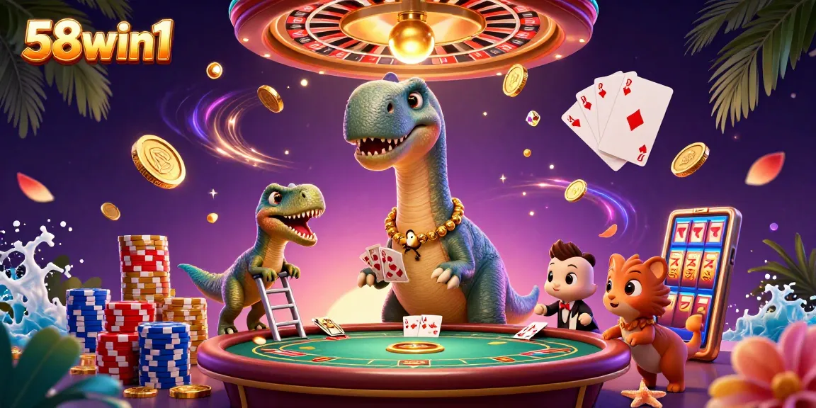 Engage in exciting gameplay at 58win1 with a vibrant casino scene showcasing a brontosaurus and raptor dealers.