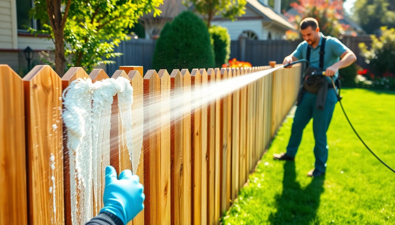 Performing Fence Cleaning in a bright backyard with a technician applying eco-friendly solutions.