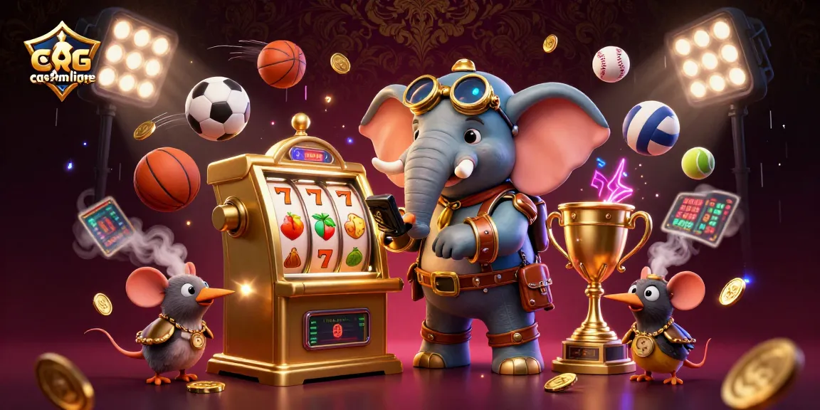 Illustration captivante de casinos en ligne montrant un éléphant steampunk et des éléments de jeu.