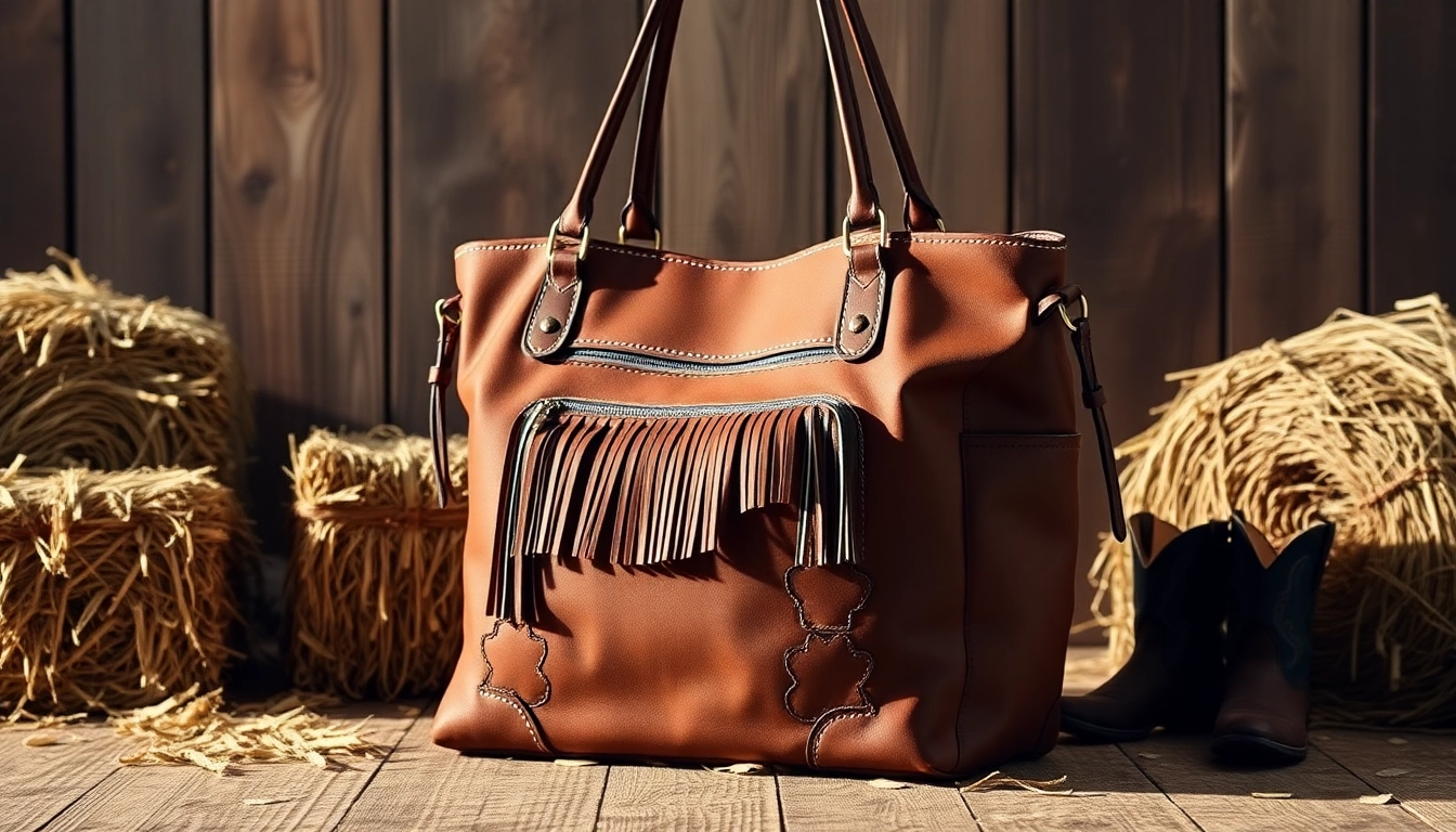 Stylish western diaper bag displayed with cowboy boots, adding a rustic touch.