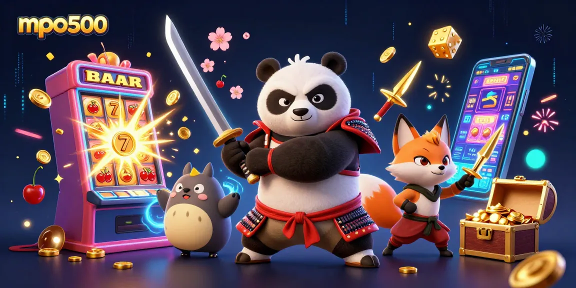 Spin to win with mpo500, featuring a dynamic scene of samurai panda and ninja fox alongside vibrant casino elements.