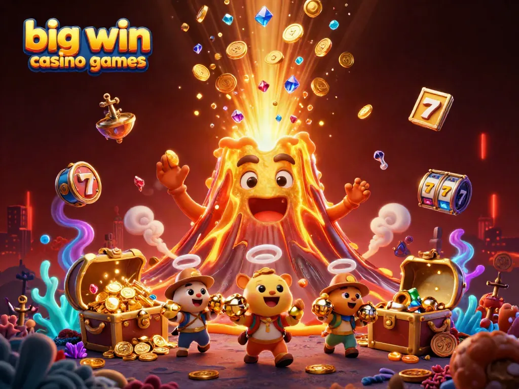 Experience big win casino games in this vibrant 3D illustration featuring treasure and excitement.
