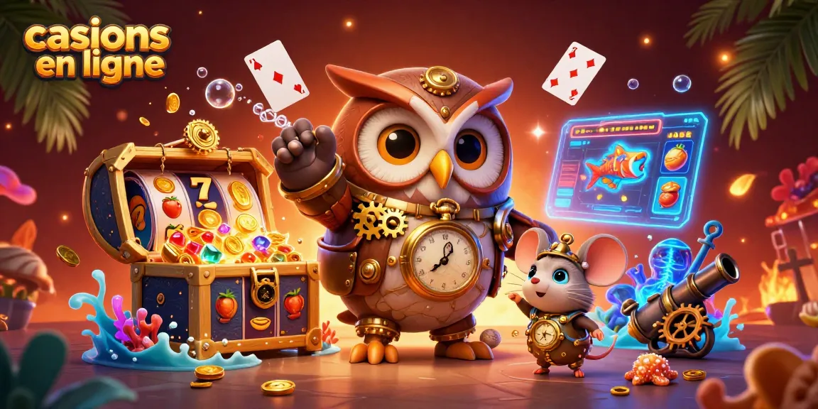 Illustration d'un hibou voyageur steampunk et une souris, avec des éléments de casinos en ligne.