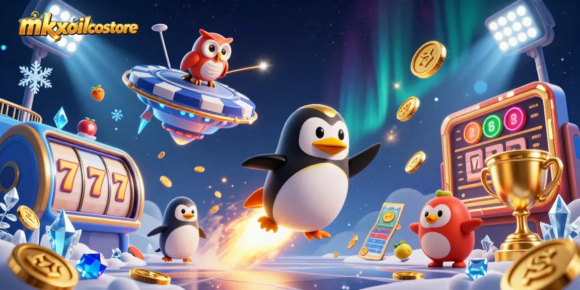 Engage with mkxoilcostore's rich casino experience featuring a golden penguin and vibrant gaming elements.