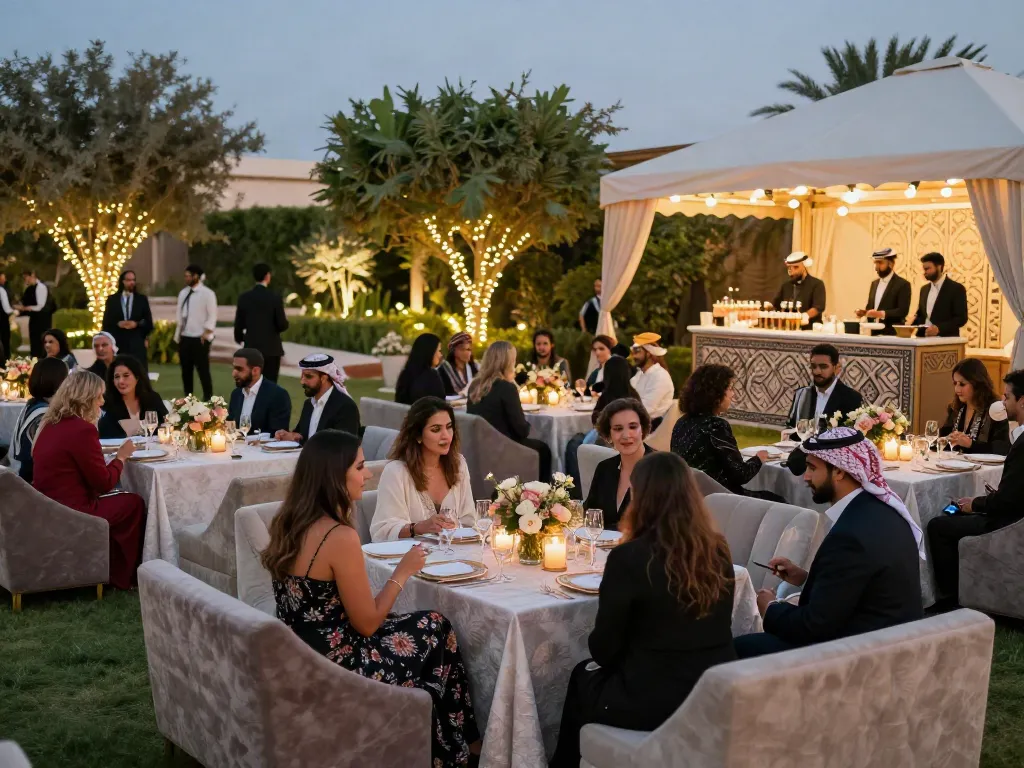 Event furniture rental at an elegant outdoor gala showcasing stylish arrangements and vibrant décor.
