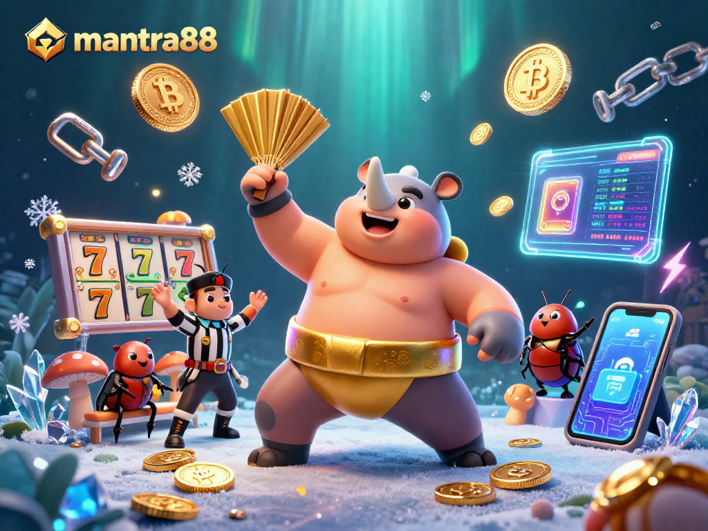Join the excitement at mantra88 with a thrilling scene of animated slot action featuring vibrant characters and casino elements.
