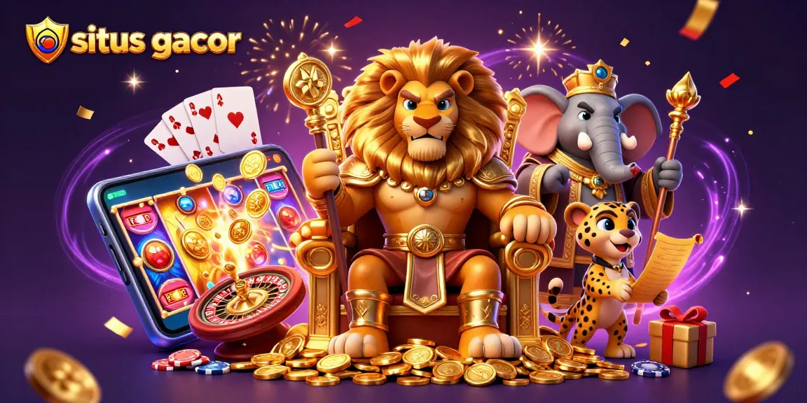 Experience the excitement of situs gacor with a dynamic casino scene featuring a lion king, elephant advisor, and cheetah messenger.